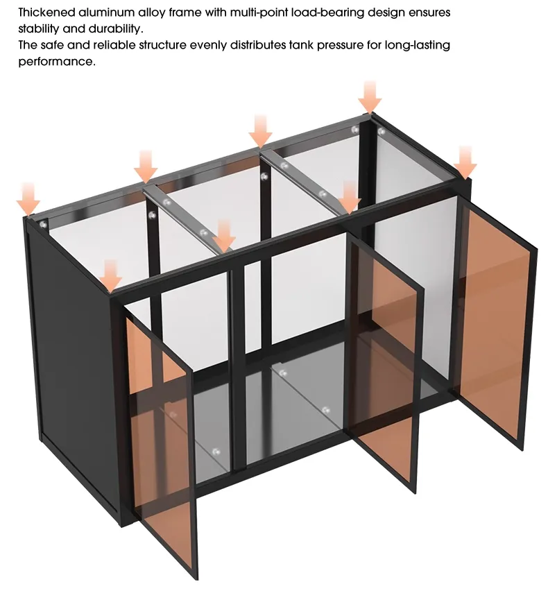 Side view of aquarium tank cabinet