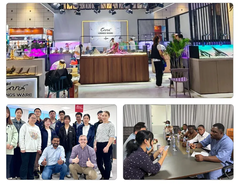 Visitors at aquarium company booth during trade exhibition