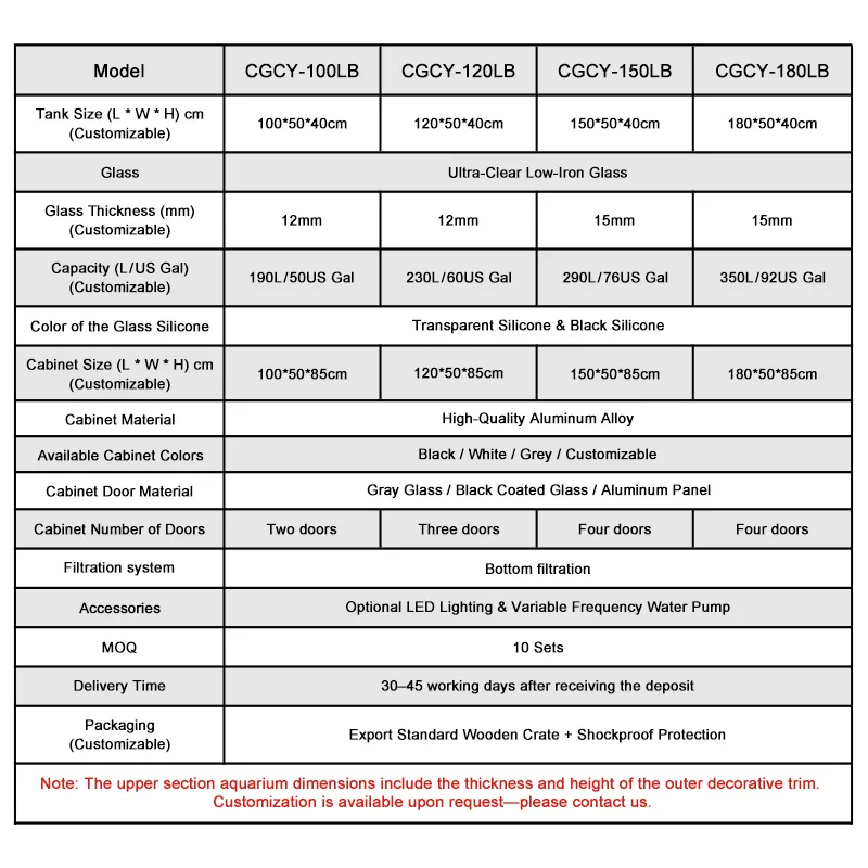 LOONGS WARE stream aquarium tank parameter table with specifications and dimensions