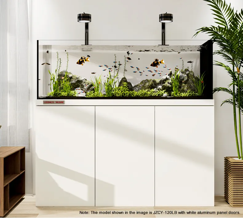 LOONGS WARE stream aquarium tank in modern living room scene with standard overflow design