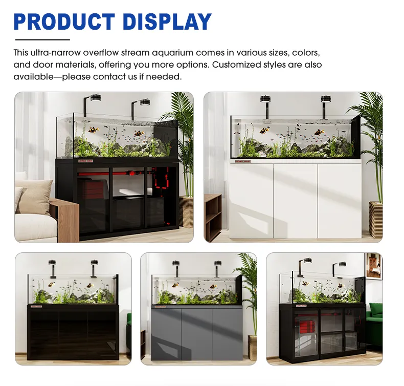 LOONGS WARE ultra-narrow side overflow aquarium tank product display with multiple sizes, capacities, materials, and colors