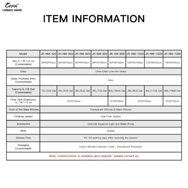JR-NM aquarium detailed parameters and specifications table