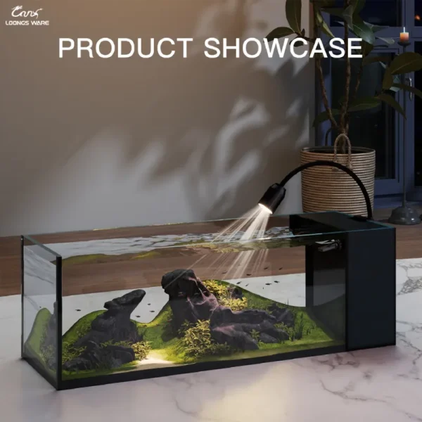 JR-NM desktop side filter aquarium placed on a desk with aquascaping and optional spotlight