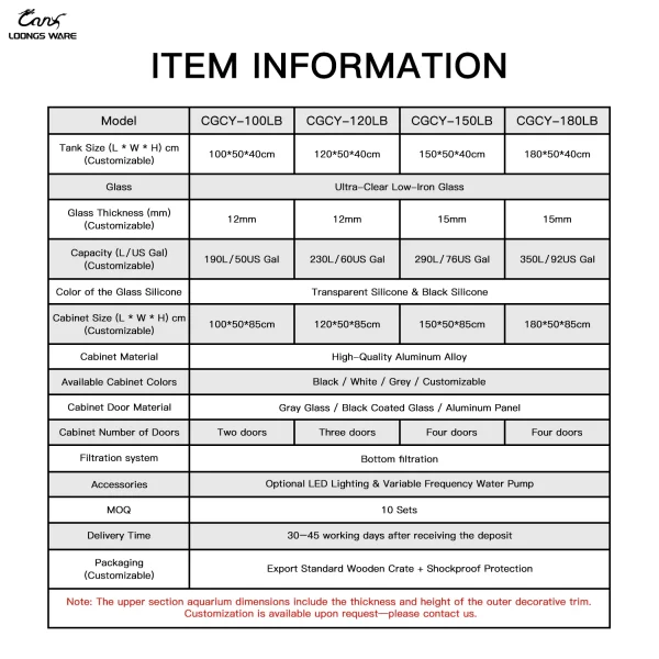 CGCY aquarium parameter table with tank and cabinet details