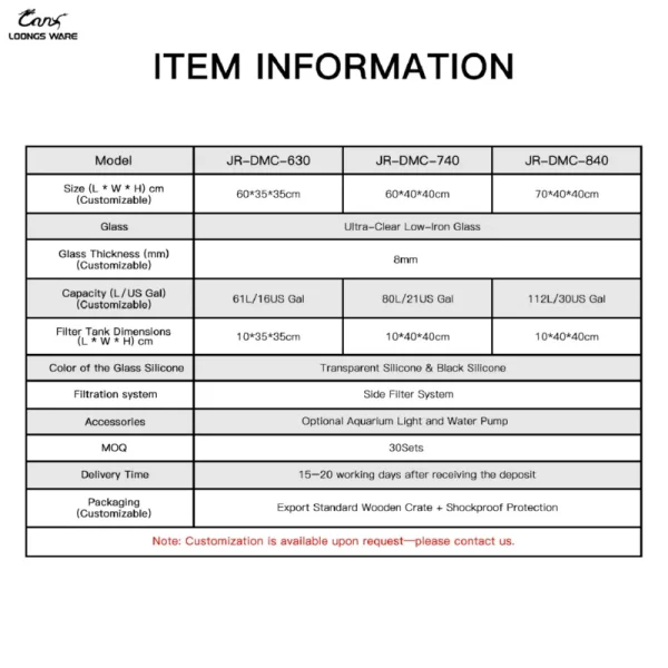 JR-DMC aquarium detailed item information including models, sizes, and packaging