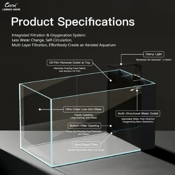 JR-DMC series aquarium specifications table including size, capacity, glass thickness, and filtration system