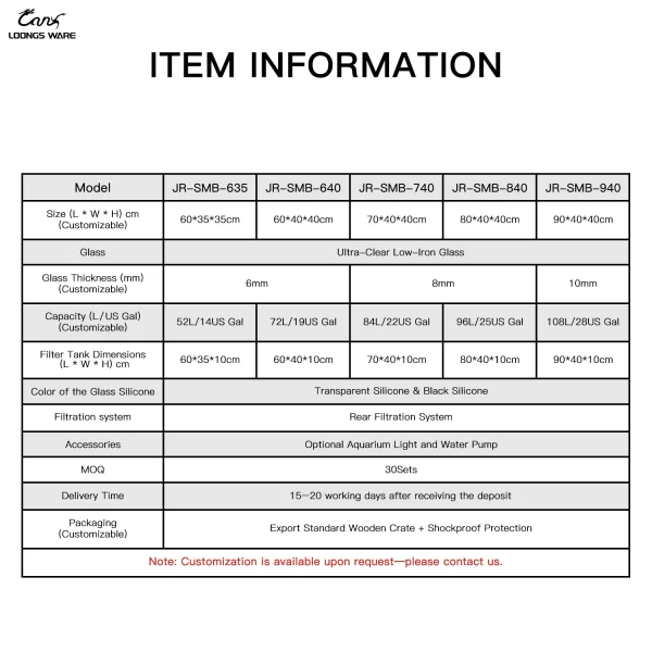 LOONGS WARE JR-SMB aquarium detailed parameter table