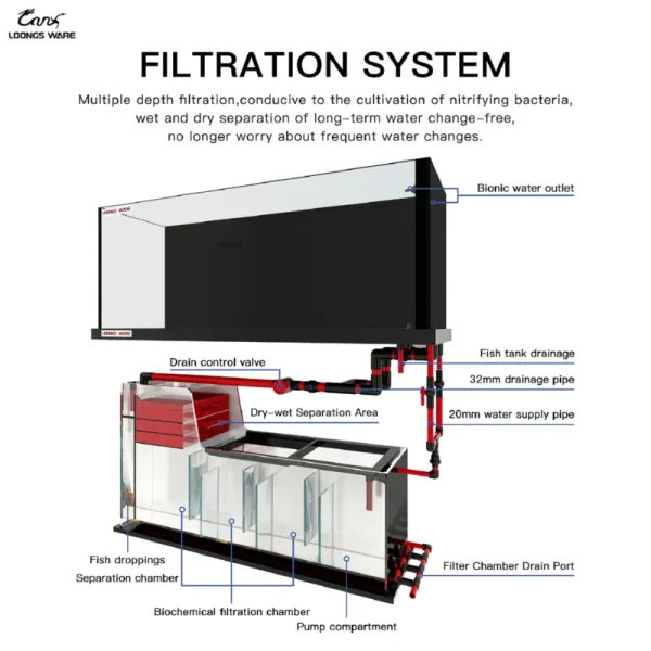 JZCY bottom-sump filtration layout—overflow inlet, sump chambers and return path