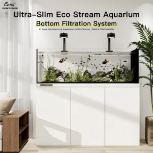 LOONGS WARE JZCY ultra-narrow side-overflow bottom-sump aquarium—front view, low-noise high waterline, ultra-clear glass for B2B projects & retail chains