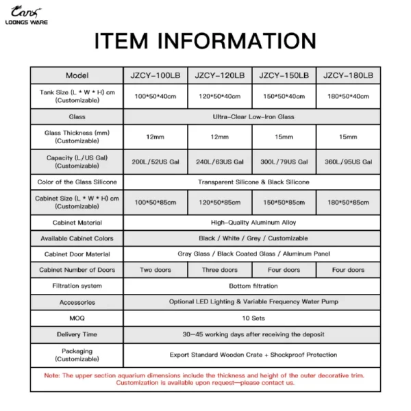 JZCY ultra-narrow side-overflow bottom-sump aquarium detailed parameter table—specs, power, packaging & loading quantities