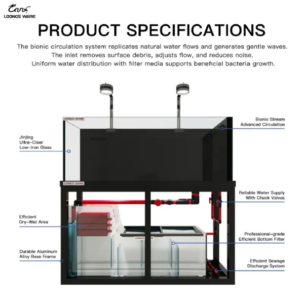 JZCY ultra-narrow side-overflow bottom-sump aquarium specifications overview—sizes, volume, glass thickness, cabinet materials