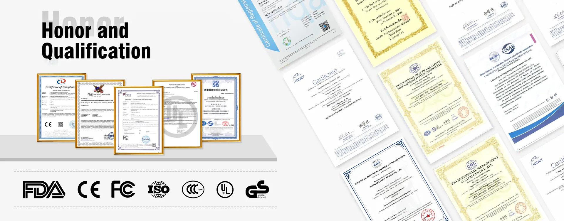 LOONGS WARE product certificates and international qualifications including CE, FDA, FCC, ISO, 3C, UL, and GS